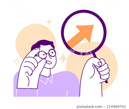 Analyzing man with magnifying glass looking at arrow Analyzing man with magnifying glass looking at arrow 114469741