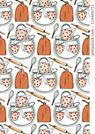 Seamless pattern with kitchen utensils. Cooking apron, rolling pin, cutting board, whisk. All objects are hand-drawn in vector colors of brown, red and black. For printing on fabric, paper, design. Seamless pattern with kitchen utensils. Cooking apron, rolling pin, cutting board, whisk. All objects are hand-drawn in vector colors of brown, red and black. For printing on fabric, paper, design. 114469751