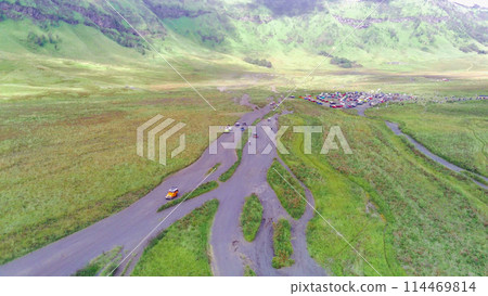 aerial view of jeeps in Bromo, East Java aerial view of jeeps in Bromo, East Java 114469814