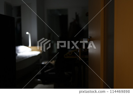 In a room with only the bed light on 114469898