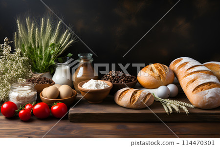 Ingredient for homemade baking bakery with flour, sugar, eggs, bread and peanut on cement floor background 114470301