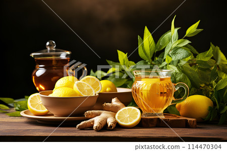 Homemade Ginger tea with lemon, honey and mint in cup on wooden background. Alternative medicine Concept. Natural homemade remedy for cold and flu 114470304