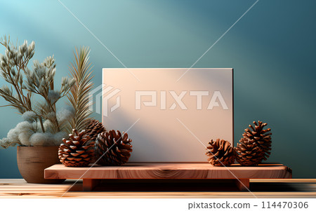 White frame on wooden podiums and pine cones on blue background. Scene stage showcase for new product, promotion sale, banner, presentation, cosmetic. Wooden stand studio, 114470306