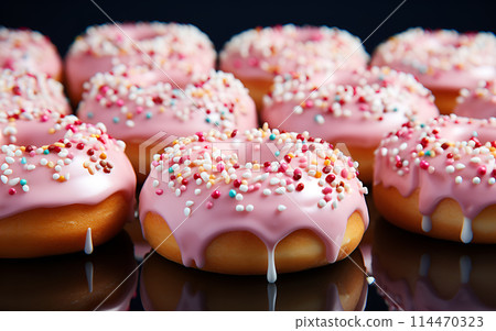 Delicious donut strawberry with sprinkled sweet and colorful candy glazed doughnut 114470323