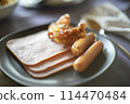 breakfast sausage and ham on the table 114470484
