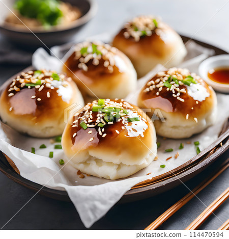 Homemade Delicious bao buns with vegetable. Steamed buns with pork belly and vegetable. Asian cuisine 114470594