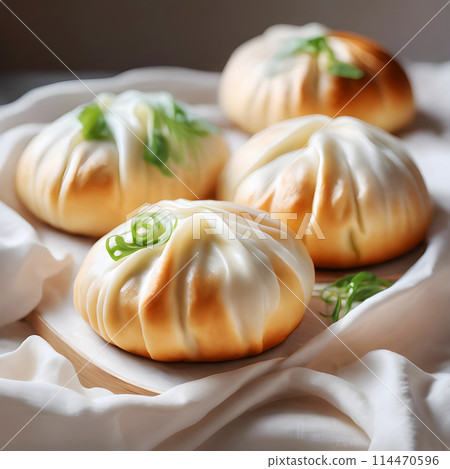 Homemade Delicious bao buns with vegetable. Steamed buns with pork belly and vegetable. Asian cuisine 114470596