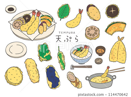 Hand-drawn illustration set of various tempura (color) Hand-drawn illustration set of various tempura (color) 114470642