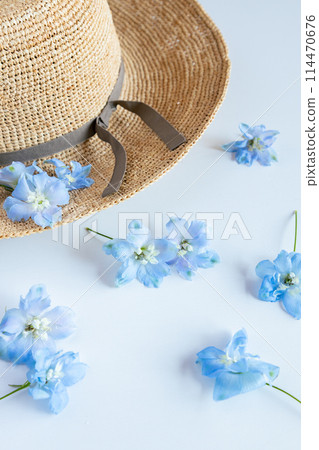 Blue flowers and straw hats that evoke summer 114470676