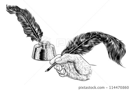 Quill Feather Ink Pen Hand Vintage Woodcut Print 114470860