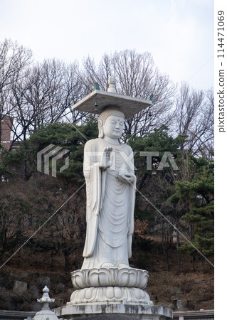 Mireuk Daebul statue of the bodhisattva Maitreya at Bongeunsa Temple, a Buddhist temple in Seoul. With background of winter to early spring. It is the tallest stone statue in Korea. 114471069