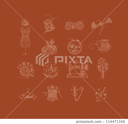 Sewing item icons floral style mustard Sewing item icons floral style mustard 114471348