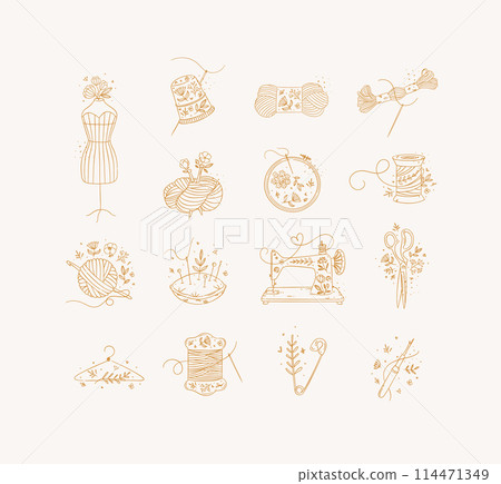Sewing item icons floral style beige Sewing item icons floral style beige 114471349