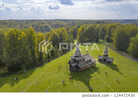Aerial view of Bell Tower and Spaso-Zashiverskaya Church built of wood in 1600 in Siberia, Russia Aerial view of Bell Tower and Spaso-Zashiverskaya Church built of wood in 1600 in Siberia, Russia 114472430