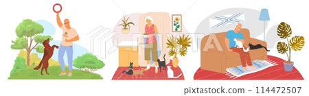 Elderly people cartoon characters with pets vector illustration Elderly people cartoon characters with pets vector illustration 114472507