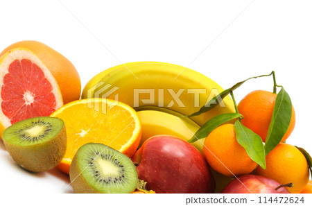 Set of fruits isolated on a white. There is free space for text. Wide photo. 114472624