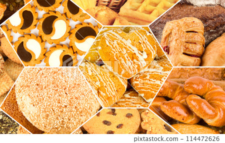 A collage of pictures of different kind of biscuits, sweets and pastries. A collage of pictures of different kind of biscuits, sweets and pastries. 114472626