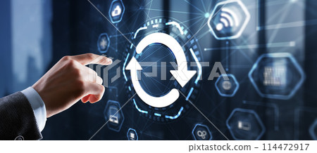 Businessman touching icon Update software application. Hardware upgrade technology concept 114472917