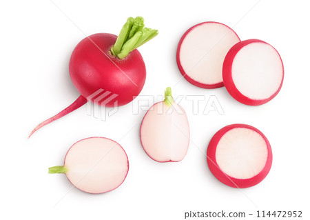 Radish with slices isolated on white background. Top view. Flat lay Radish with slices isolated on white background. Top view. Flat lay 114472952