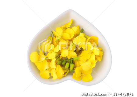 Rapeseed flowers in ceramic bowl isolated on white background, Top view. Flat lay 114472971