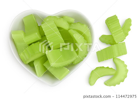 fresh celery in ceramic bowl isolated on white background. Top view. Flat lay 114472975