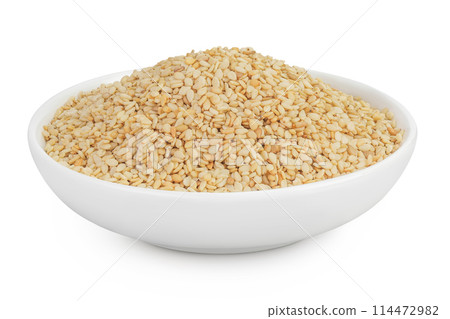 Sesame seeds in ceramic bowl isolated on white background with full depth of field 114472982