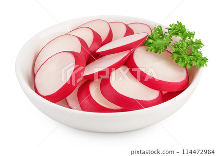 Radish slices in ceramic bowl isolated on white background with full depth of field 114472984