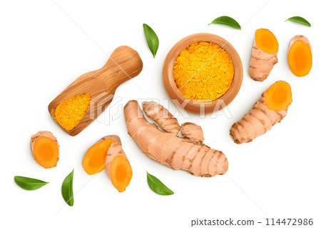 Turmeric powder in wooden bowl and turmeric root isolated on white background. Top view. Flat lay 114472986