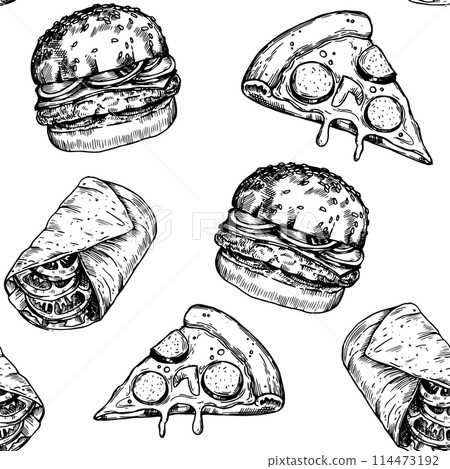 seamless pattern of fast food dishes, pizza, hamburger, roll, drawing in sketch style. black and white graphics, engraving 114473192