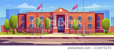 University building background banner in cartoon design. Classic facade with columns and flags of government architecture building. Cityscape with courthouse or bank. Vector cartoon illustration University building background banner in cartoon design. Classic facade with columns and flags of government architecture building. Cityscape with courthouse or bank. Vector cartoon illustration 114473235