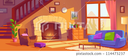 Living room with fireplace background banner in cartoon design. Cosy home interior with sofa and armchair, cushions, coffee table, warm fire, wooden ladder and big window. Vector cartoon illustration Living room with fireplace background banner in cartoon design. Cosy home interior with sofa and armchair, cushions, coffee table, warm fire, wooden ladder and big window. Vector cartoon illustration 114473237
