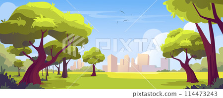 City park background banner in cartoon design. Summer green foliage trees and bushes, meadow for public recreation, skyscrapers at horizon. Cityscape backdrop with garden. Vector cartoon illustration 114473243