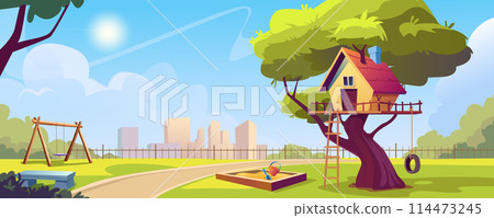 Child playground in city park background banner in cartoon design. Wooden house on tree with ladder, sandbox with toys, swing carousels, bench and path, cityscape backdrop. Vector cartoon illustration 114473245