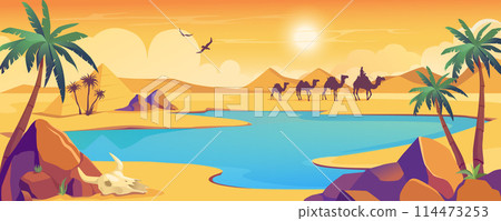 Oasis view in desert background banner in cartoon design. Dark silhouette of camel caravan, dry sand space with dunes and hills, blue water lake with palm trees and stones. Vector cartoon illustration Oasis view in desert background banner in cartoon design. Dark silhouette of camel caravan, dry sand space with dunes and hills, blue water lake with palm trees and stones. Vector cartoon illustration 114473253