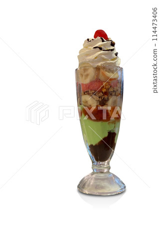 strawberry and lemon ice cream, cherry placed on top of whipped cream in a glass cup on white background, food, dessert, eat, diet, copy space 114473406