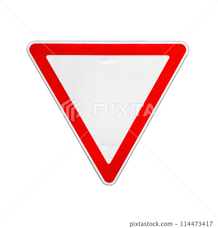 Give way triangle road sign isolated on white background, front view 114473417