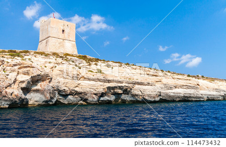 Coastal landscape with Mgarr ix-Xini Tower, Gozo, Malta 114473432