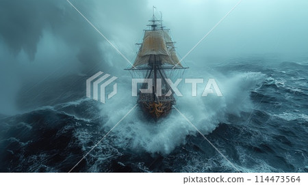A ship sails through the expansive waters, showcasing the vessels journey in the middle of the ocean. A ship sails through the expansive waters, showcasing the vessels journey in the middle of the ocean. 114473564