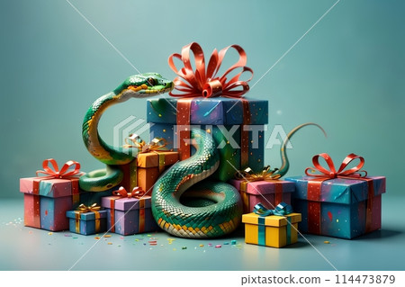 New Year snake with gifts , New Year card 114473879