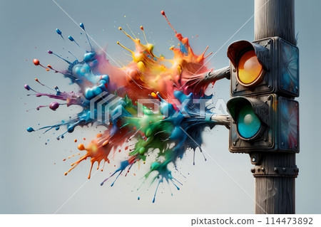 bright multi-colored traffic light on a pole 114473892