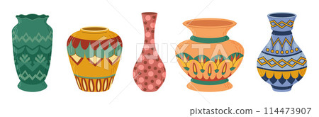 Ceramic vases set. Colored ceramics vase, antique, floral and abstract patterns isolated on white Ceramic vases set. Colored ceramics vase, antique, floral and abstract patterns isolated on white 114473907