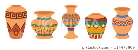 Ceramic vases set. Colored ceramics vase, antique, floral and abstract patterns isolated on white 114473909