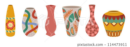 Ceramic vases set. Colored ceramics vase, antique, floral and abstract patterns isolated on white 114473911