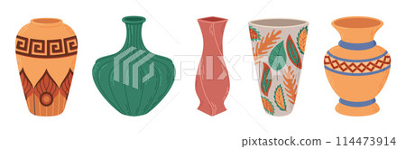 Ceramic vases set. Colored ceramics vase, antique, floral and abstract patterns isolated on white 114473914