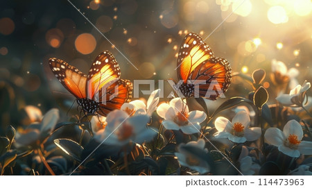 Orange Butterflies Flying Over White Flowers 114473963