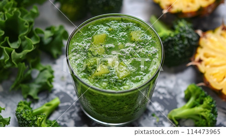 Glass of Green Liquid Surrounded by Broccoli 114473965