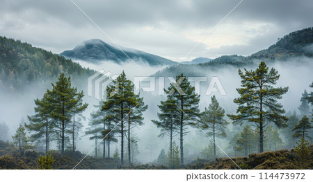 Foggy Forest Filled With Trees Foggy Forest Filled With Trees 114473972