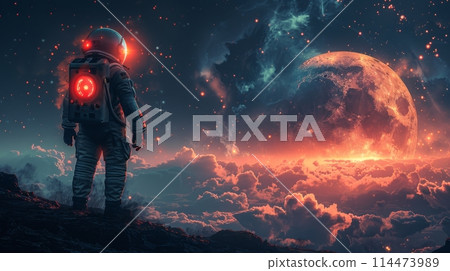 Man Standing on Top of a Mountain Under a Red Moon 114473989