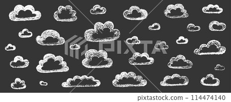 Chalk grunge cloud set. Hand drawn vector stock kid crayon illustration isolated on black background for design template art children education material, weather forecast, business presentation. EPS10 Chalk grunge cloud set. Hand drawn vector stock kid crayon illustration isolated on black background for design template art children education material, weather forecast, business presentation. EPS10 114474140