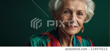 Elderly Caucasian woman in chic attire, radiating joy, against a green backdrop. Elderly Caucasian woman in chic attire, radiating joy, against a green backdrop. 114474213